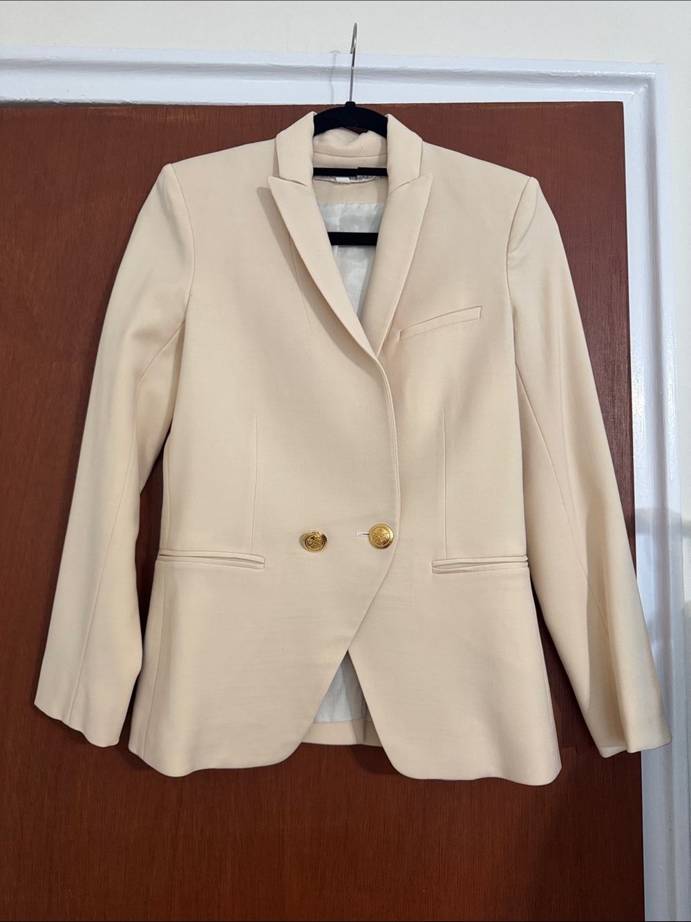 Veronica Beard Cream Double-Breasted Blazer with Gold Buttons